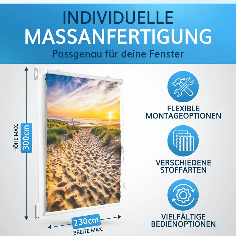 Bedruckte Rollos mit individueller Maßanfertigung, maximale Abmessungen 230 x 300 cm, mit flexiblen Montageoptionen, verschiedenen Stoffarten und vielfältigen Bedienmöglichkeiten.