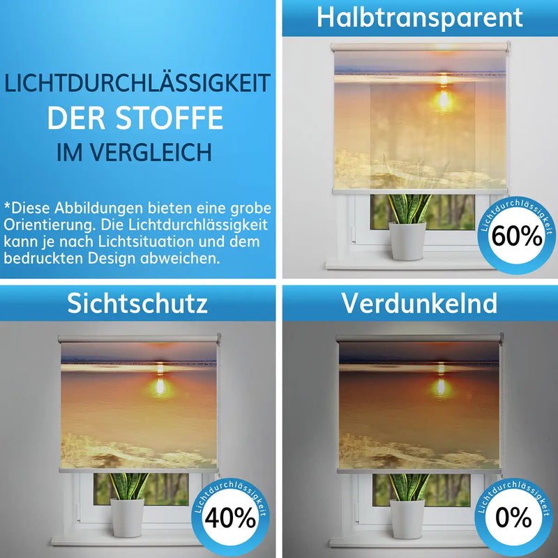 Vergleich der Lichtdurchlässigkeit für Rollos mit Motiv: halbtransparent, Sichtschutz und verdunkelnd.