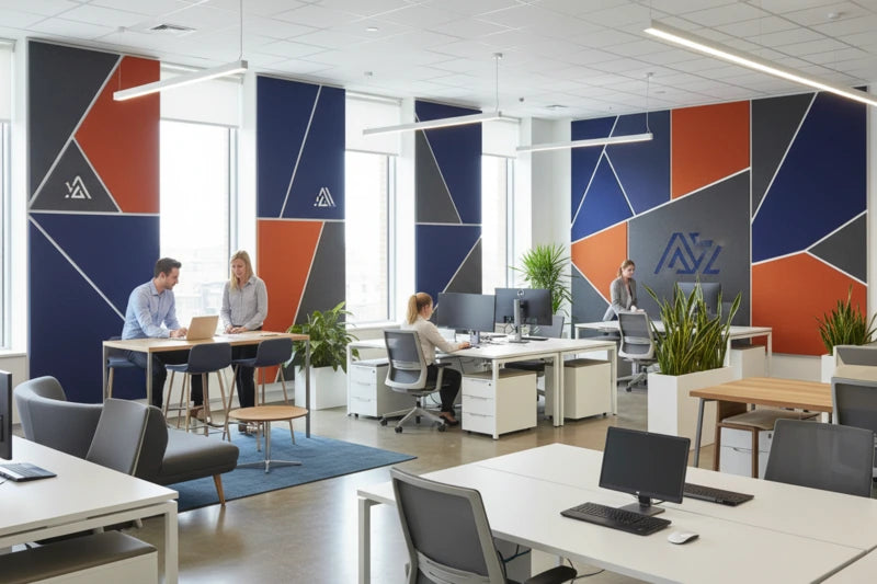 Schallschutzbilder mit Firmenlogo und Corporate Design im Büro – Akustik und Branding vereint