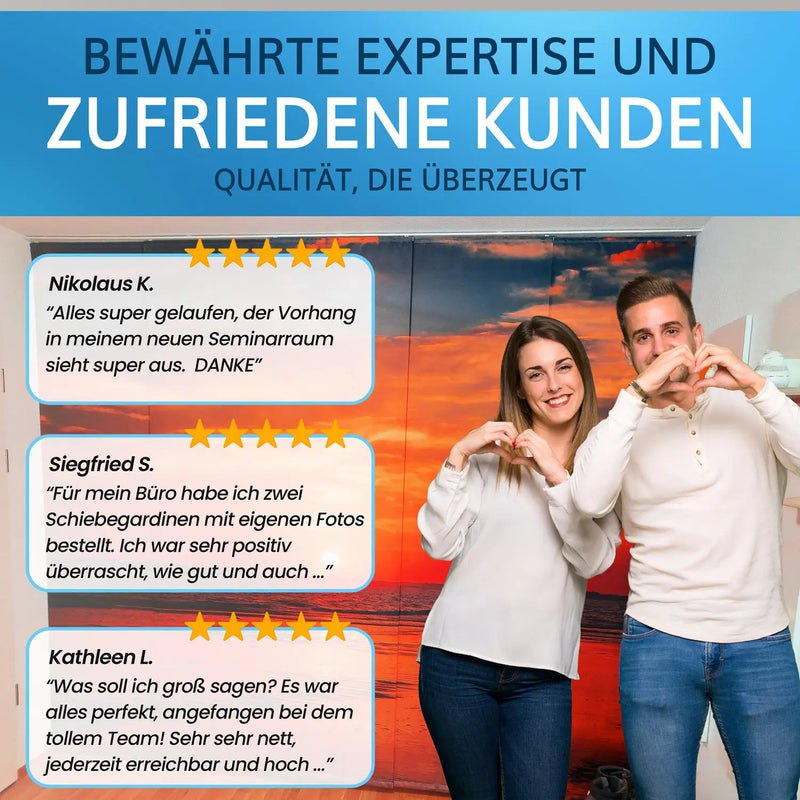 Kundenbewertungen zu Schiebegardinen mit Motiven, sehr positive Erfahrungen mit Qualität und Service