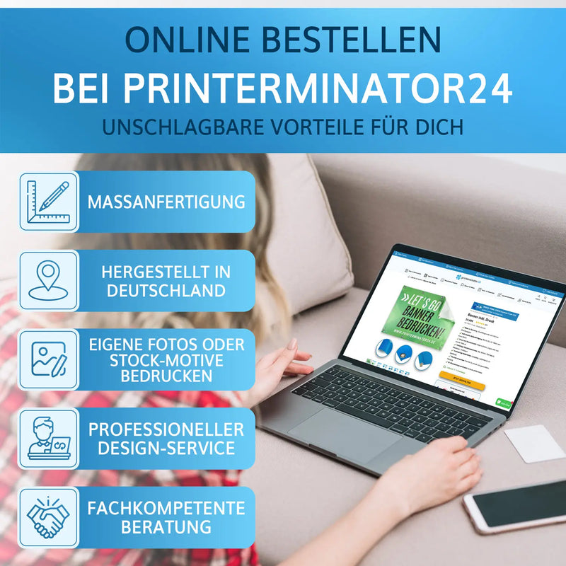 Banner Online-Shop-Vorteile bei Printerminator24: Maßanfertigung, Design-Service, fachkompetente Beratung