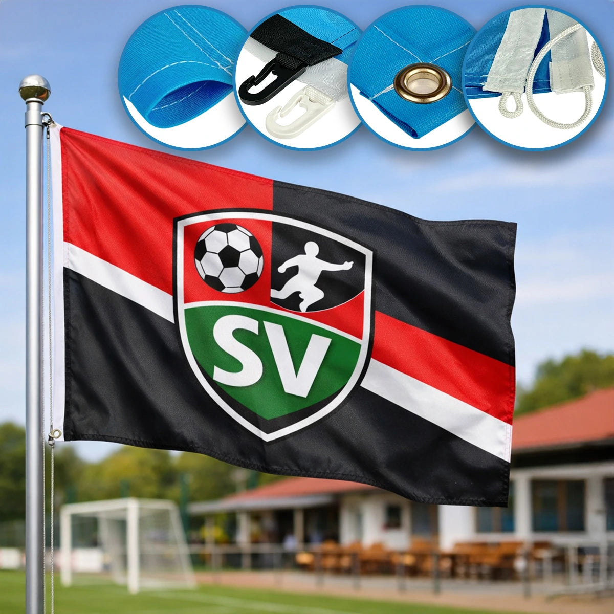 Vereinsflagge am Fahnenmast auf dem Sportplatz mit individuell wählbaren Konfektionen und hochwertigem Druck