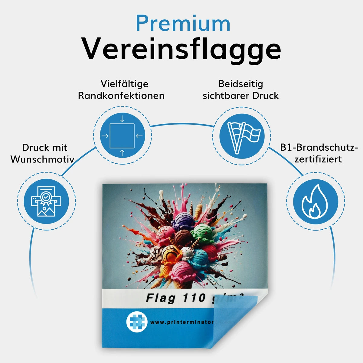 Premium Vereinsflagge mit Wunschmotiv bedrucken lassen, beidseitig sichtbarer Druck und B1 Brandschutz zertifiziert