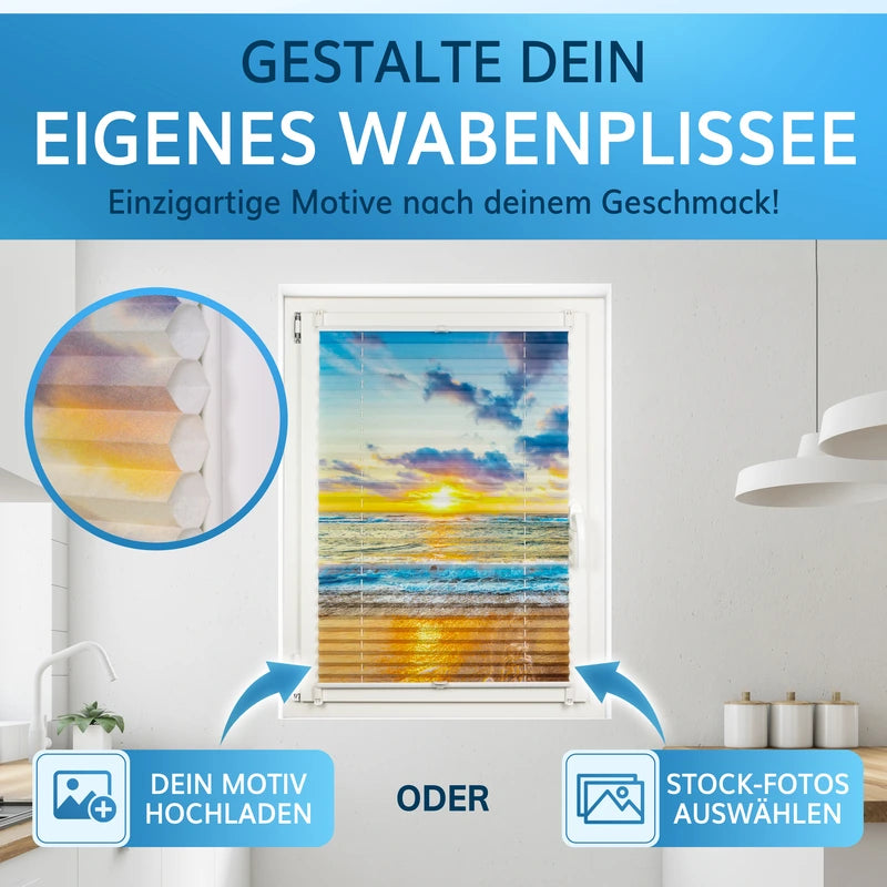 Wabenplissee mit Motiv individuell gestalten, eigenes Motiv hochladen oder aus Stockfotos wählen.